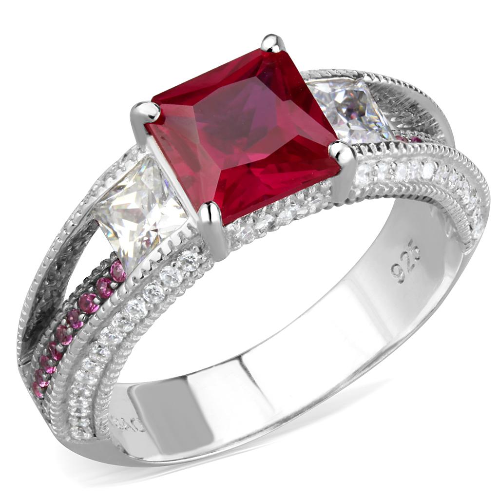 MATS545 - Rhodium + Ruthenium 925 Sterling Silver Ring with AAA Grade CZ in Ruby