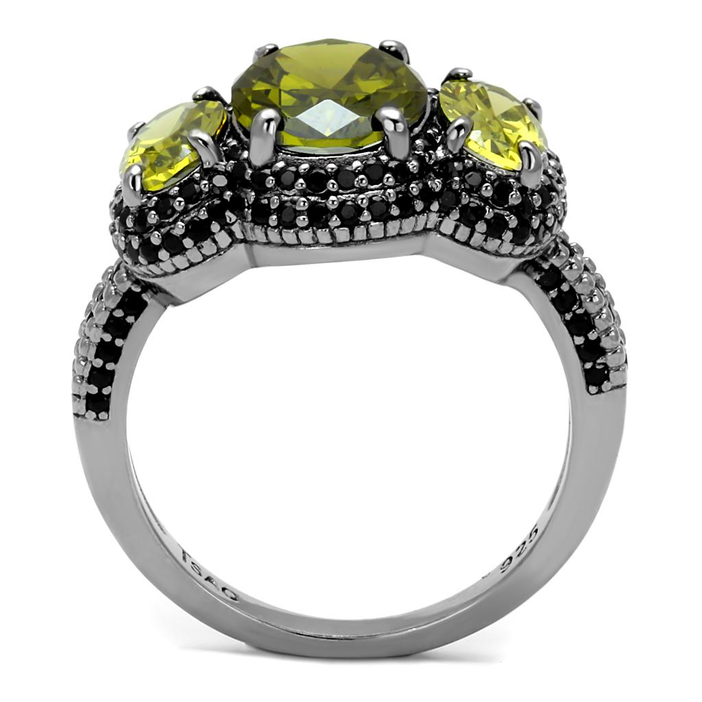 MATS547 - Ruthenium 925 Sterling Silver Ring with AAA Grade CZ in Olivine color