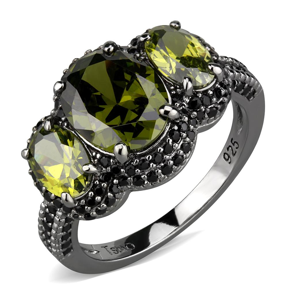 MATS547 - Ruthenium 925 Sterling Silver Ring with AAA Grade CZ in Olivine color