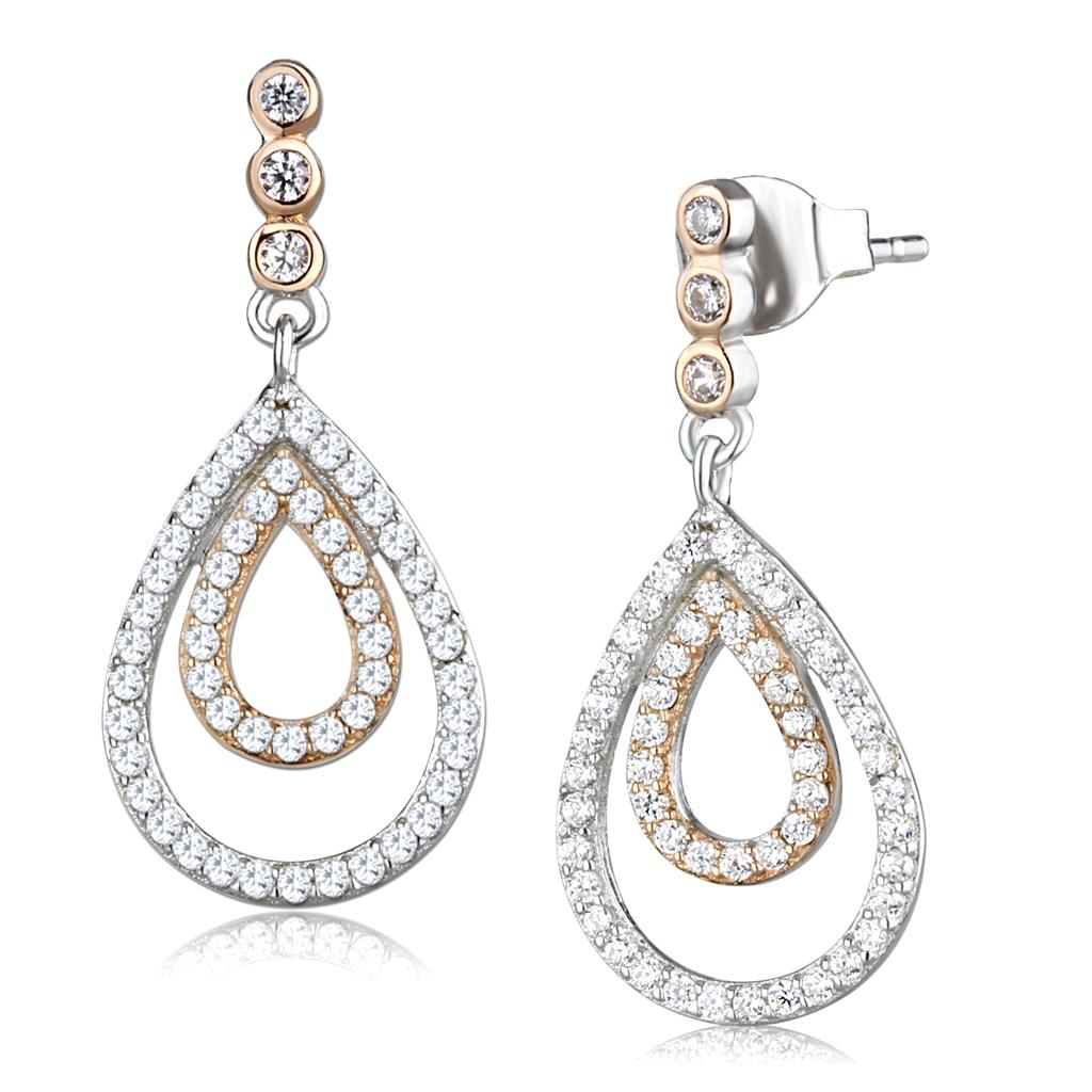 MATS548 - Rose Gold + Rhodium 925 Sterling Silver Earrings with AAA Grade CZ in Clear