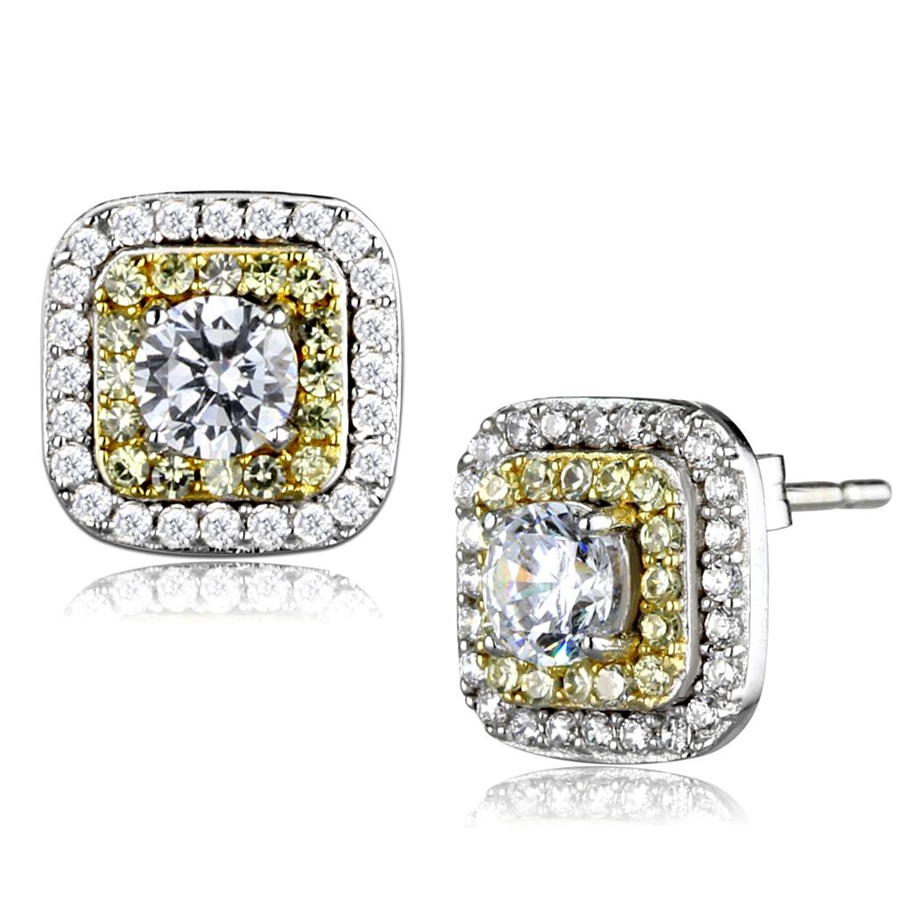 MATS551 - Reverse Two-Tone 925 Sterling Silver Earrings with AAA Grade CZ in Clear