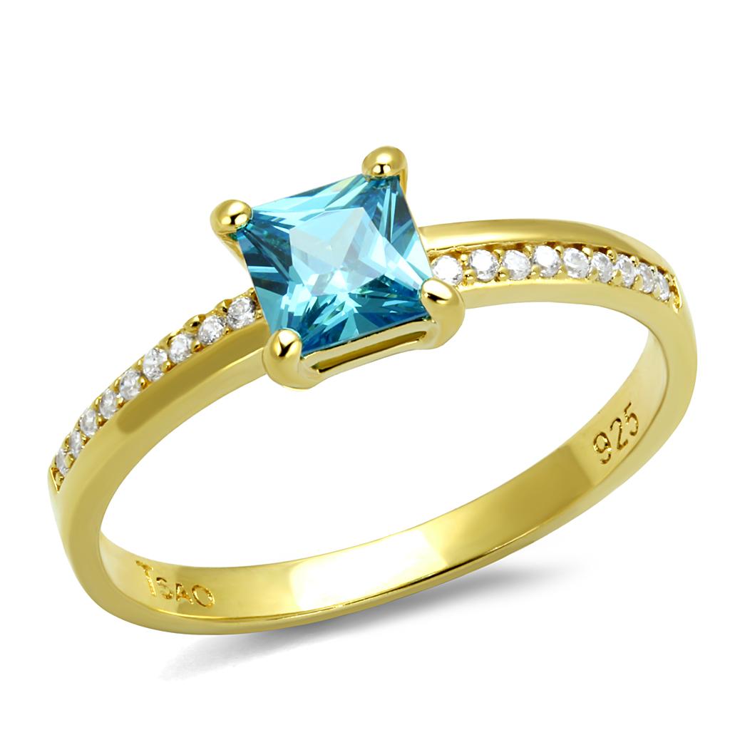 MATS559 - Gold 925 Sterling Silver Ring with AAA Grade CZ in Sea Blue