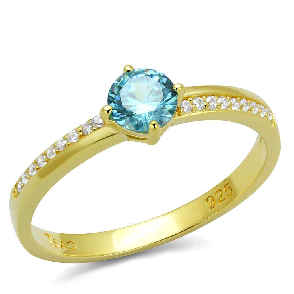 MATS561 - Gold 925 Sterling Silver Ring with AAA Grade CZ in Sea Blue