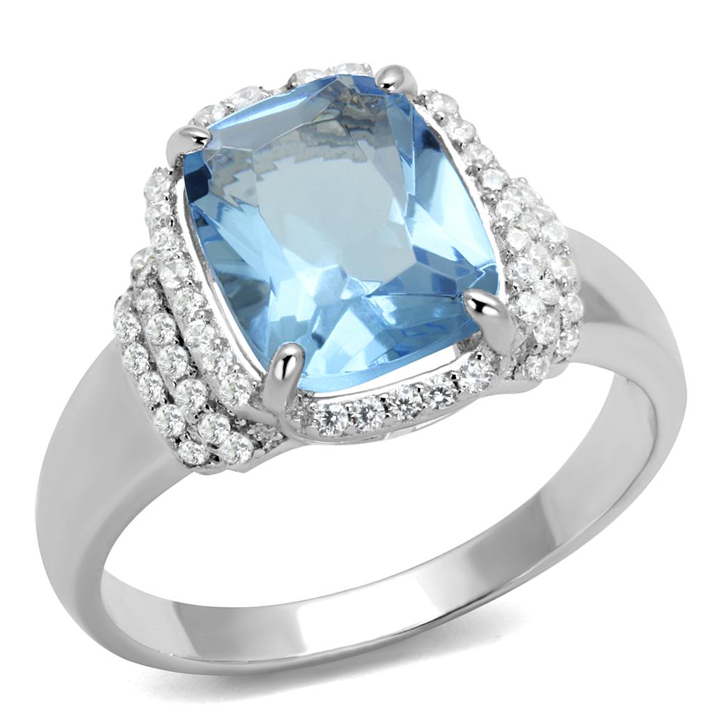 MATS562 - Rhodium 925 Sterling Silver Ring with Synthetic Synthetic Glass in Light Sapphire