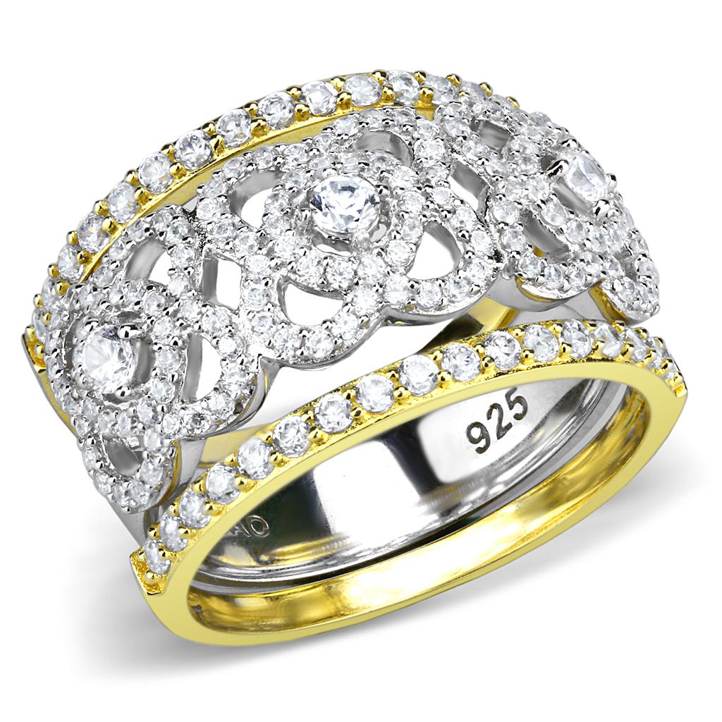 MATS569 - Gold+Rhodium 925 Sterling Silver Ring with AAA Grade CZ in Clear