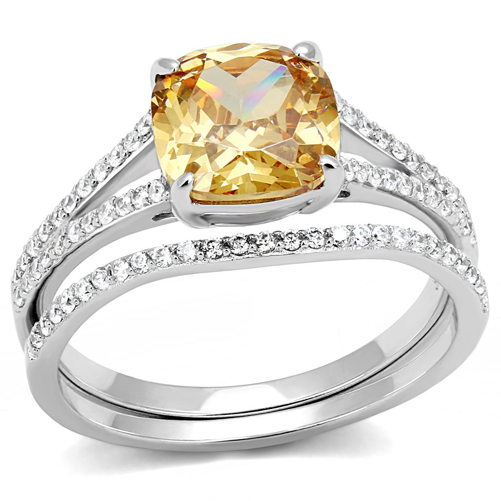 MATS604 - Rhodium 925 Sterling Silver Ring with AAA Grade CZ in Champagne