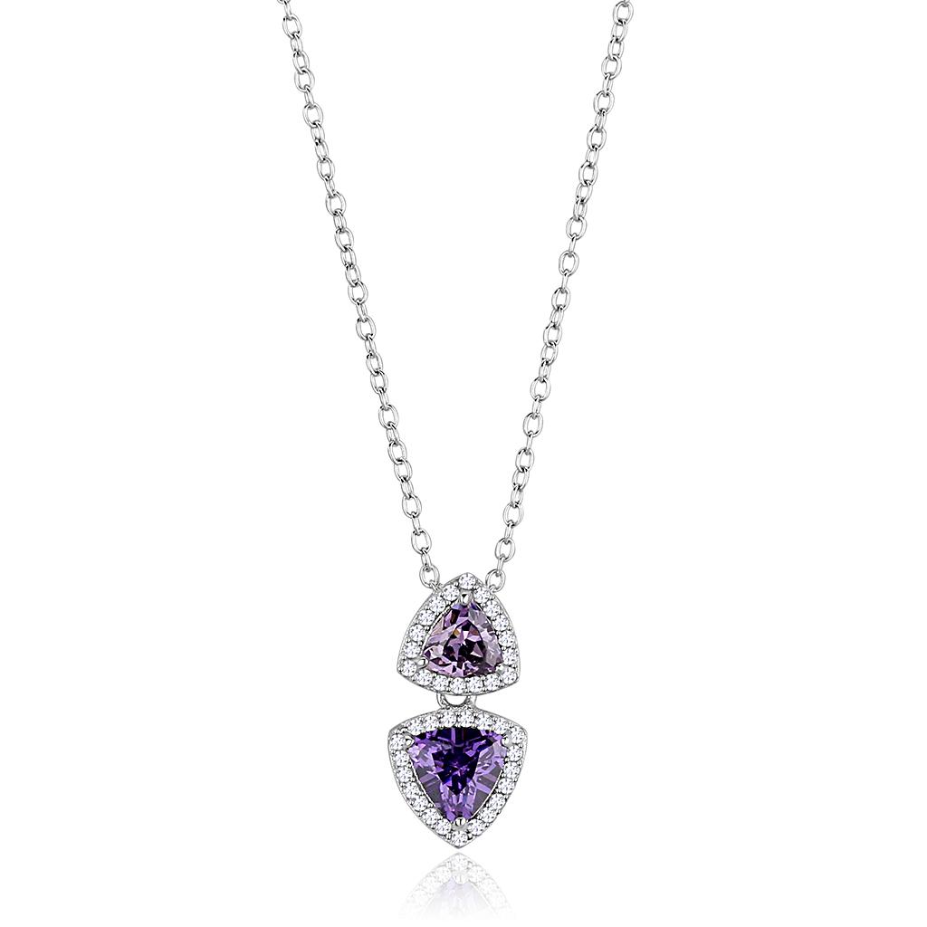 MATS607 - Rhodium 925 Sterling Silver Chain Pendant with AAA Grade CZ in Amethyst