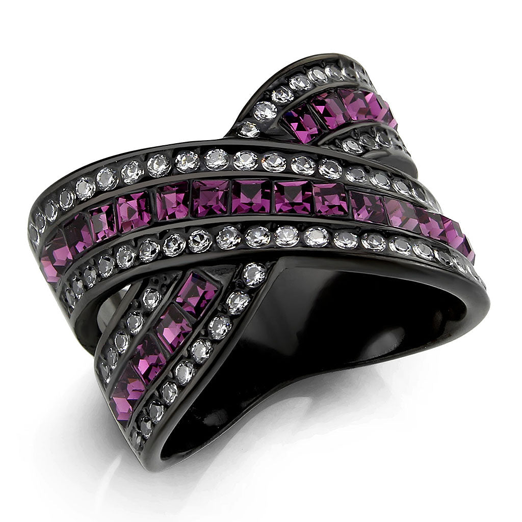 MATK3791 - IP Black (Ion Plating) Stainless Steel Ring with Top Grade Crystal in Amethyst