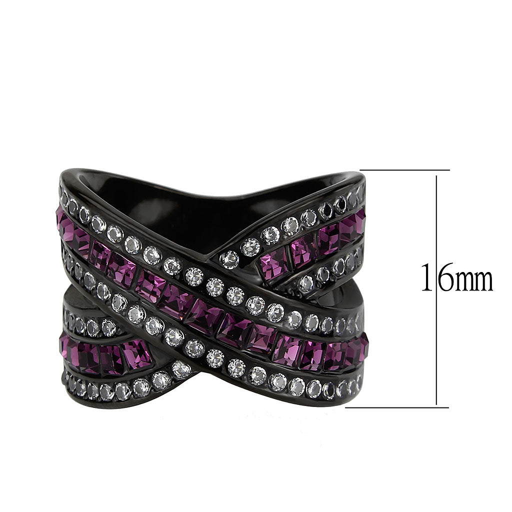 MATK3791 - IP Black (Ion Plating) Stainless Steel Ring with Top Grade Crystal in Amethyst