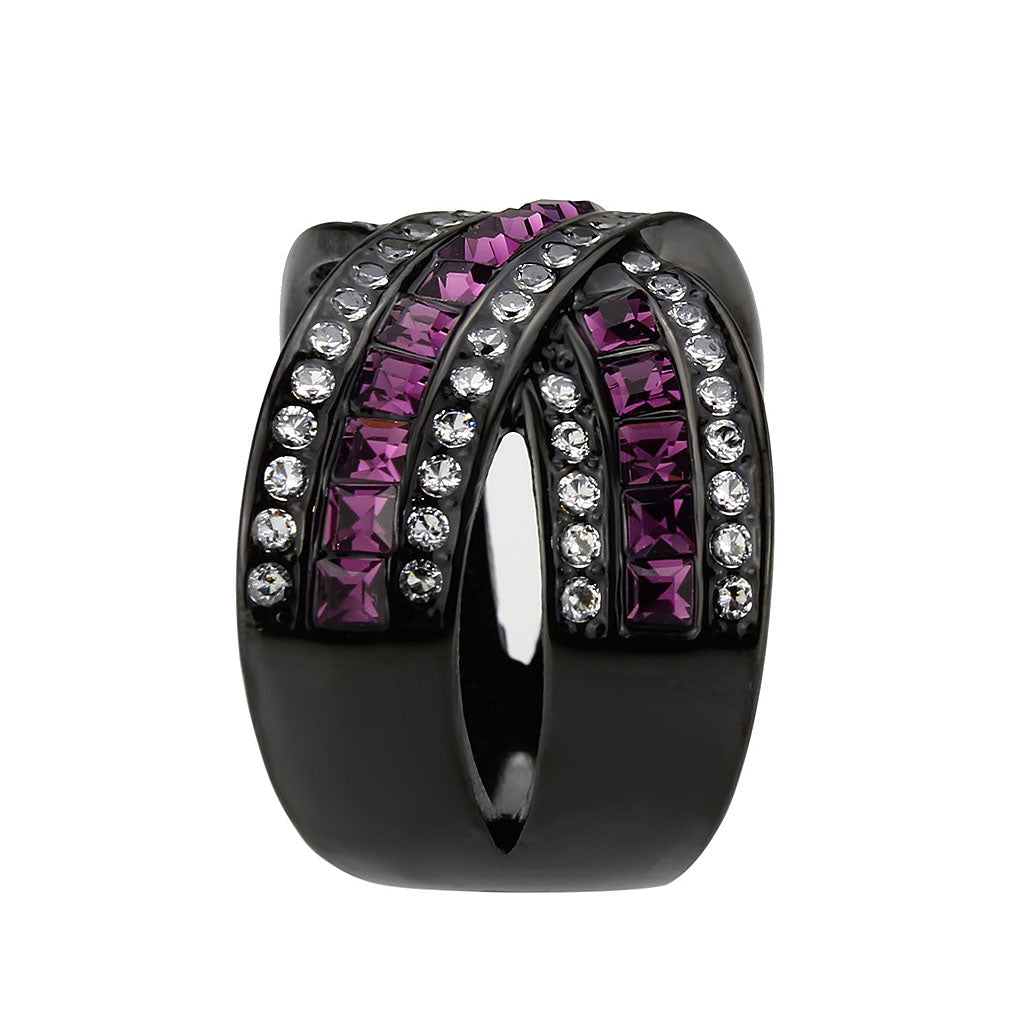 MATK3791 - IP Black (Ion Plating) Stainless Steel Ring with Top Grade Crystal in Amethyst