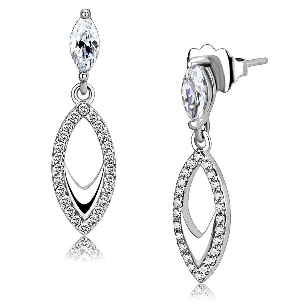 MADA189 - High polished (no plating) Stainless Steel Earrings with AAA Grade CZ in Clear
