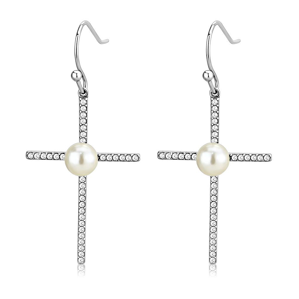 MADA192 - High polished (no plating) Stainless Steel Earrings with Synthetic Pearl in White
