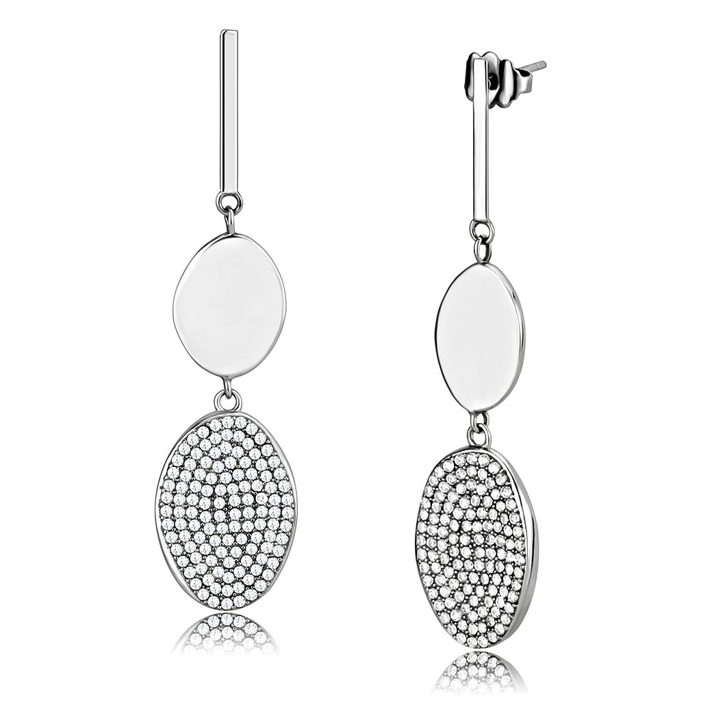 MADA193 - High polished (no plating) Stainless Steel Earrings with AAA Grade CZ in Clear