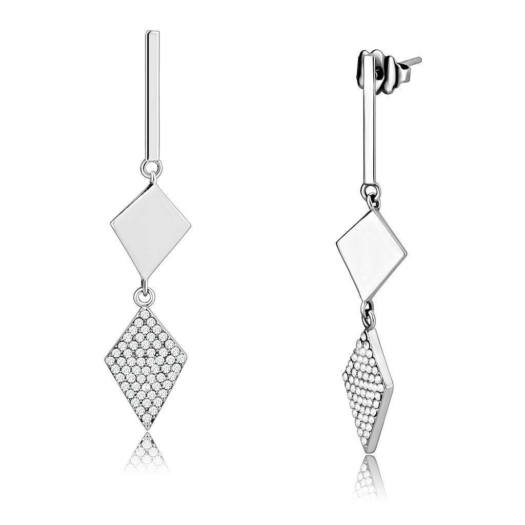MADA194 - High polished (no plating) Stainless Steel Earrings with AAA Grade CZ in Clear