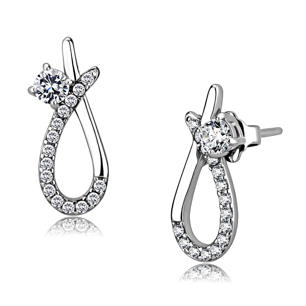 MADA196 - High polished (no plating) Stainless Steel Earrings with AAA Grade CZ in Clear