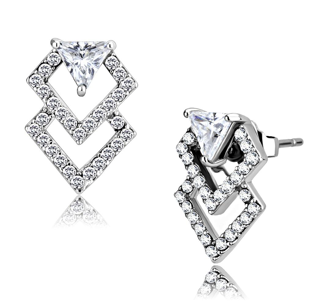 MADA198 - High polished (no plating) Stainless Steel Earrings with AAA Grade CZ in Clear