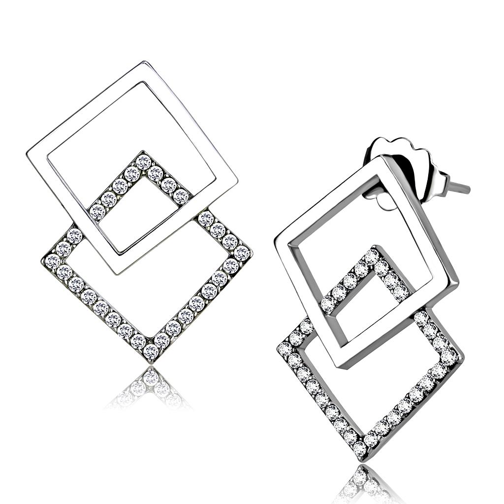 MADA201 - High polished (no plating) Stainless Steel Earrings with AAA Grade CZ in Clear