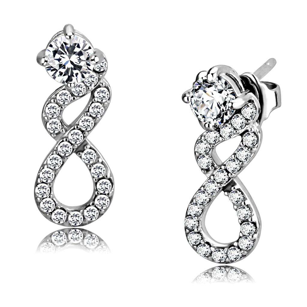 MADA203 - High polished (no plating) Stainless Steel Earrings with AAA Grade CZ in Clear