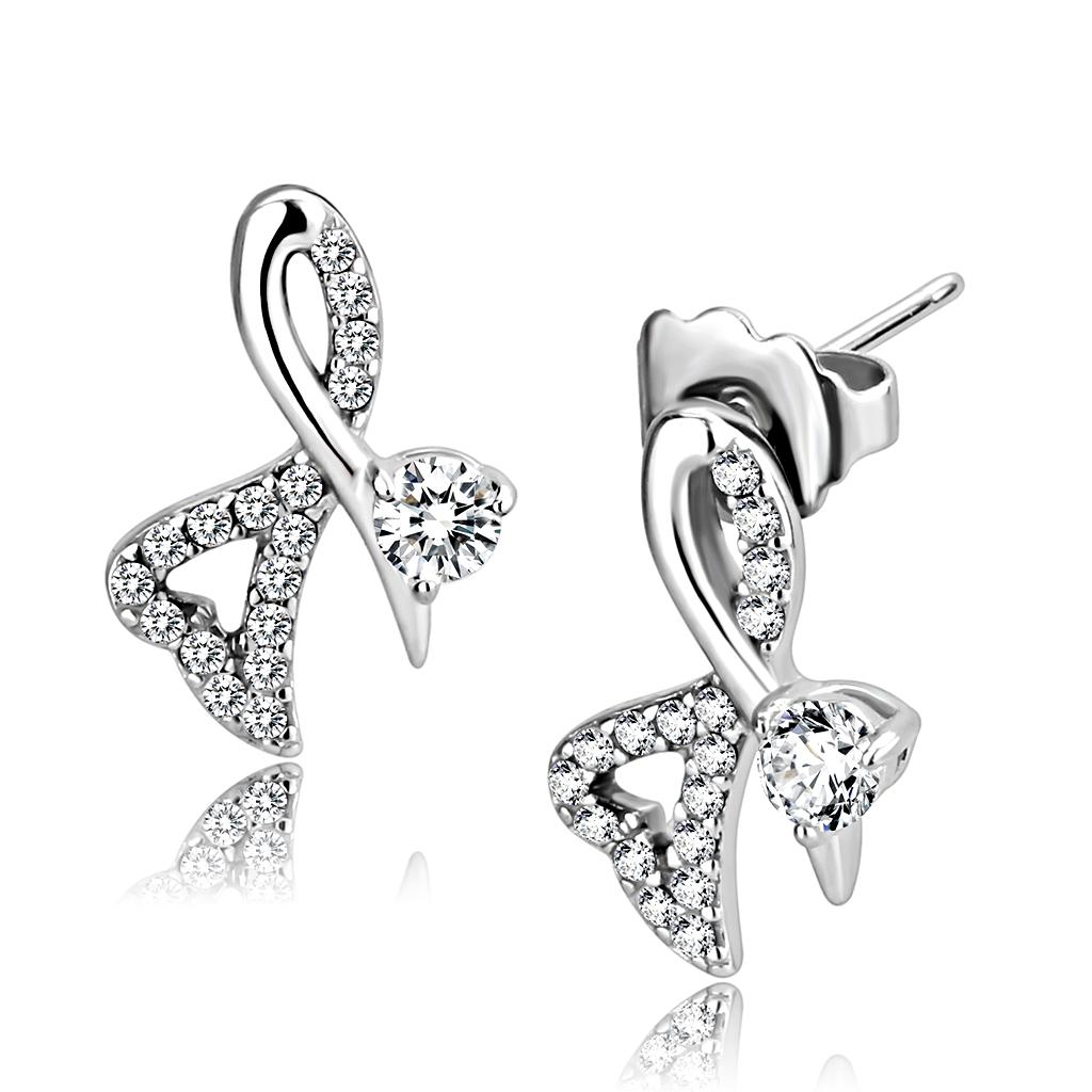 MADA204 - High polished (no plating) Stainless Steel Earrings with AAA Grade CZ in Clear