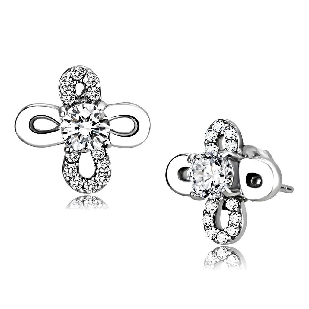 MADA206 - High polished (no plating) Stainless Steel Earrings with AAA Grade CZ in Clear