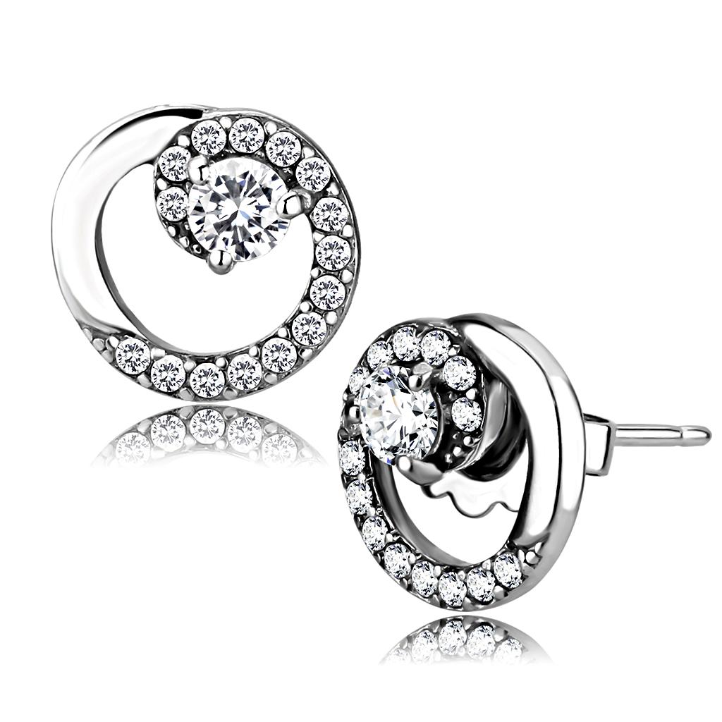 MADA207 - High polished (no plating) Stainless Steel Earrings with AAA Grade CZ in Clear