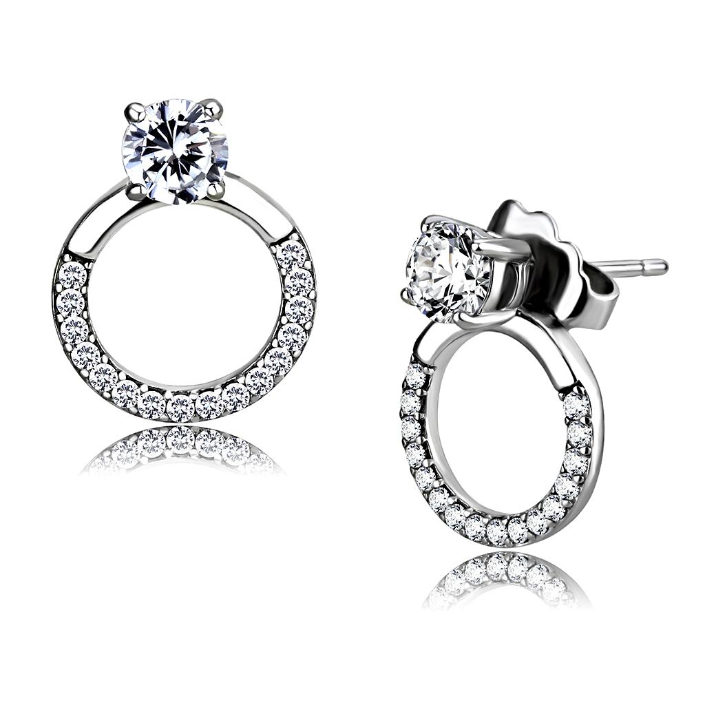 MADA208 - High polished (no plating) Stainless Steel Earrings with AAA Grade CZ in Clear
