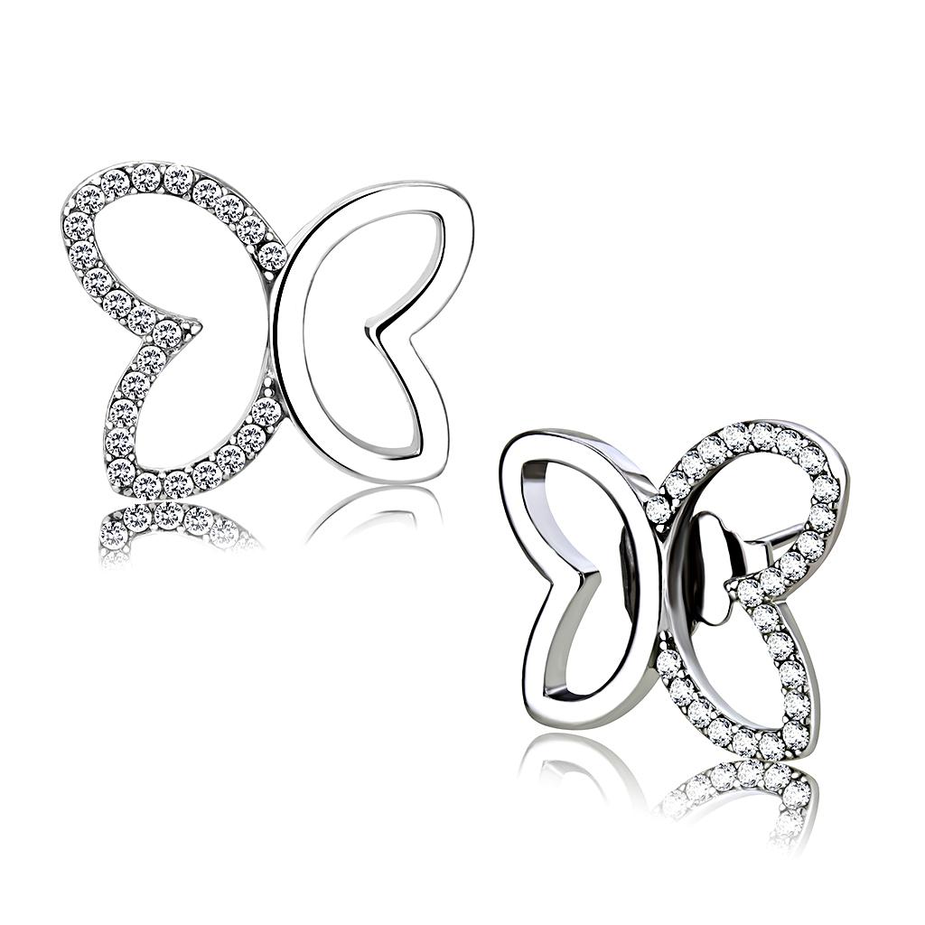 MADA209 - High polished (no plating) Stainless Steel Earrings with AAA Grade CZ in Clear