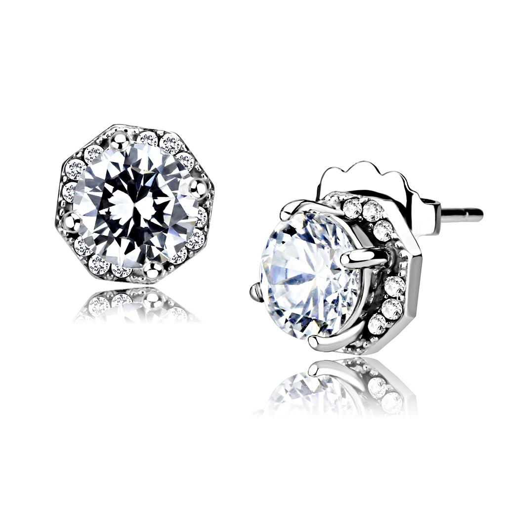MADA212 - High polished (no plating) Stainless Steel Earrings with AAA Grade CZ in Clear