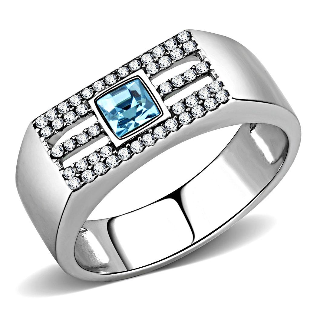MADA283 - High polished (no plating) Stainless Steel Ring with Top Grade Crystal in Sea Blue