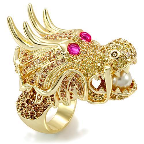 MALO1477 - Imitation Gold Brass Ring with Synthetic Glass Bead in White