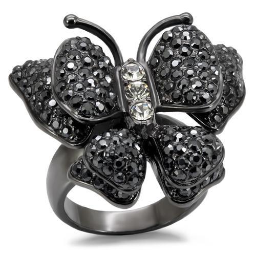 MALO1680 - TIN Cobalt Black Brass Ring with Top Grade Crystal in Jet