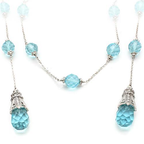MALO1714 - Rhodium White Metal Necklace with Synthetic Glass Bead in Sea Blue