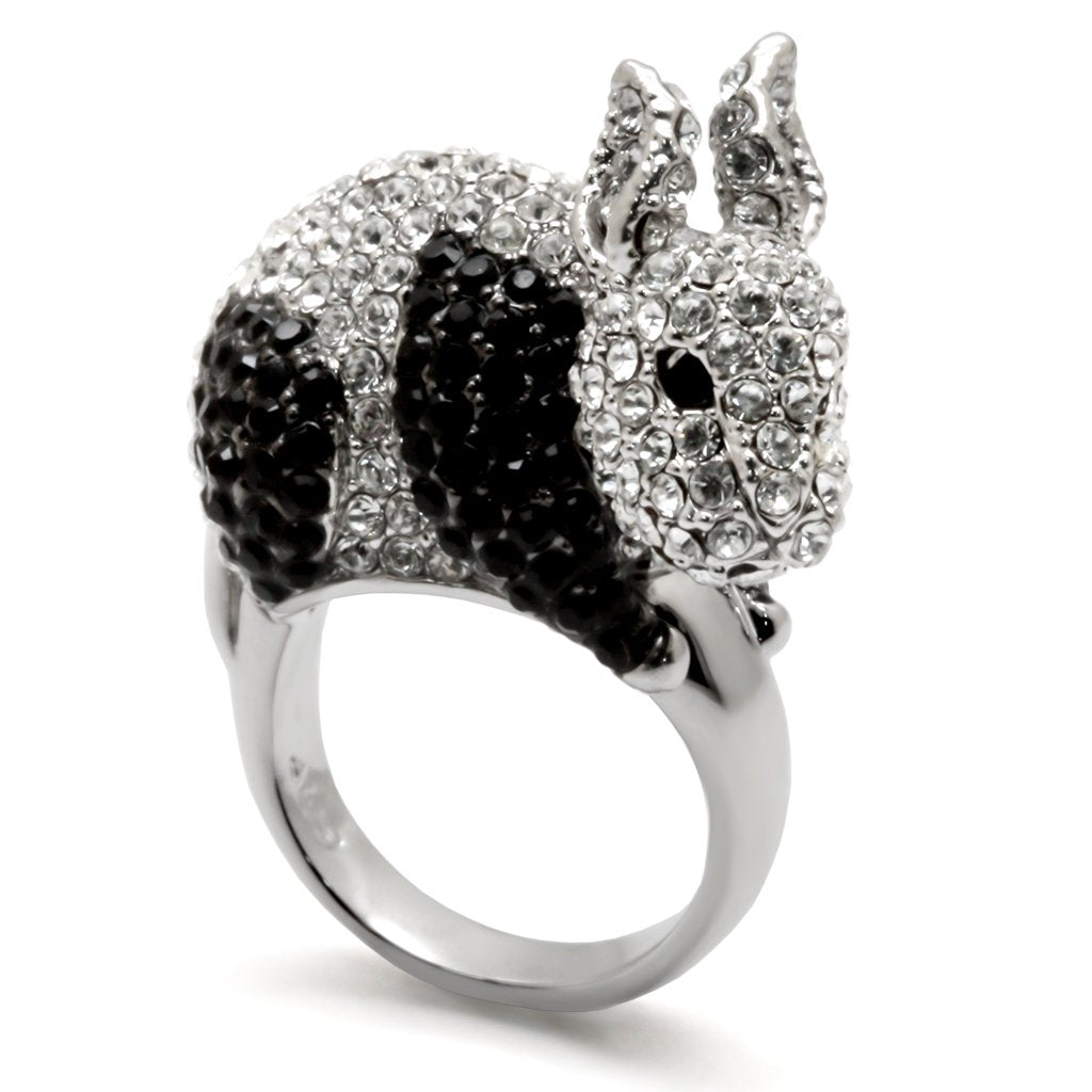 MALO1731 - Rhodium + Ruthenium Brass Ring with Top Grade Crystal in Jet