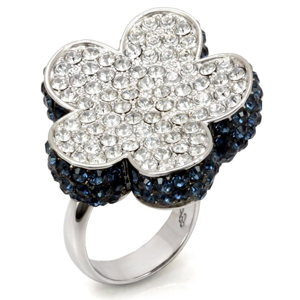 MALO1745 - Rhodium + Ruthenium Brass Ring with Top Grade Crystal in Montana