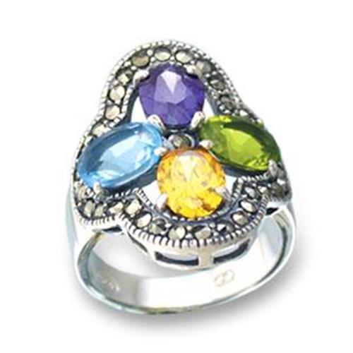 MALOA522 - Antique Tone 925 Sterling Silver Ring with AAA Grade CZ in Multi Color
