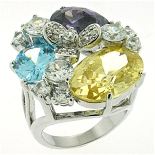 MALOA606 - Rhodium Brass Ring with AAA Grade CZ in Multi Color