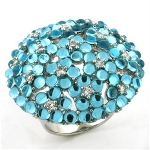 MALOA740 - Rhodium Brass Ring with Synthetic Imitation Amber in Sea Blue
