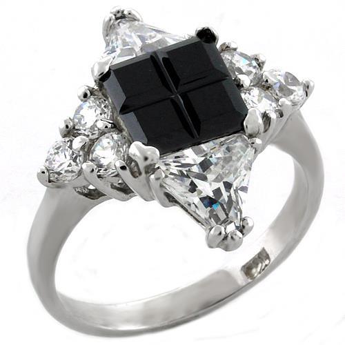 MALOAS1031 - Rhodium 925 Sterling Silver Ring with AAA Grade CZ in Jet
