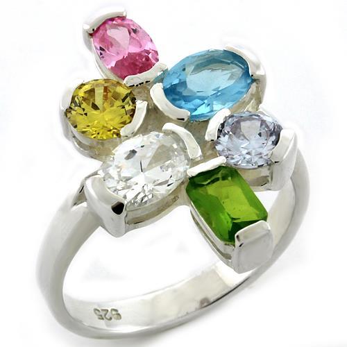 MALOAS1075 - High-Polished 925 Sterling Silver Ring with AAA Grade CZ in Multi Color