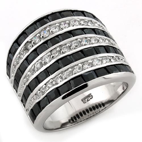 MALOAS1089 - Rhodium 925 Sterling Silver Ring with AAA Grade CZ in Jet