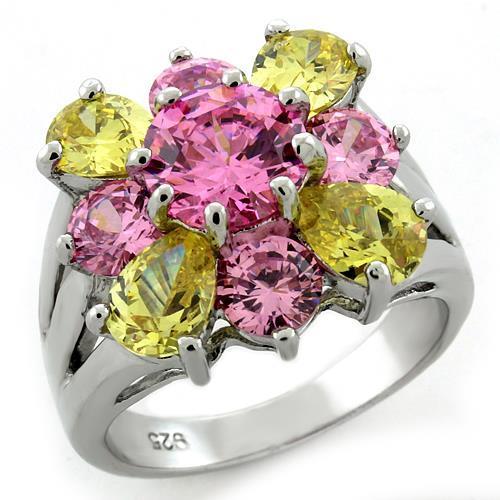 MALOAS1138 - Rhodium 925 Sterling Silver Ring with AAA Grade CZ in Multi Color
