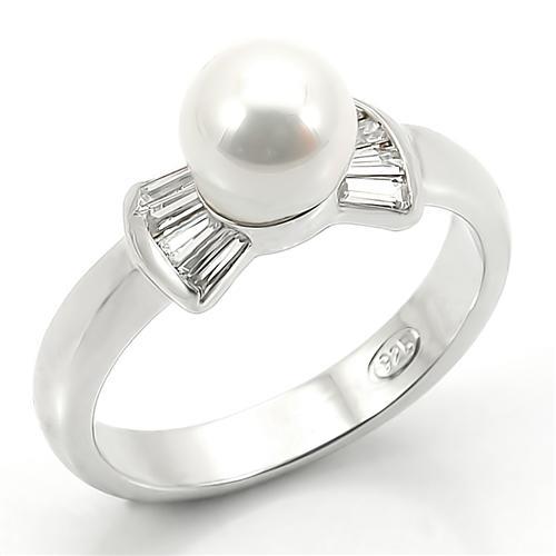 MALOS099 - Rhodium 925 Sterling Silver Ring with Synthetic Pearl in White