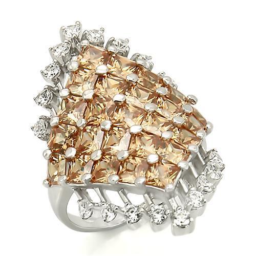 MALOS278 - Rhodium 925 Sterling Silver Ring with AAA Grade CZ in Champagne
