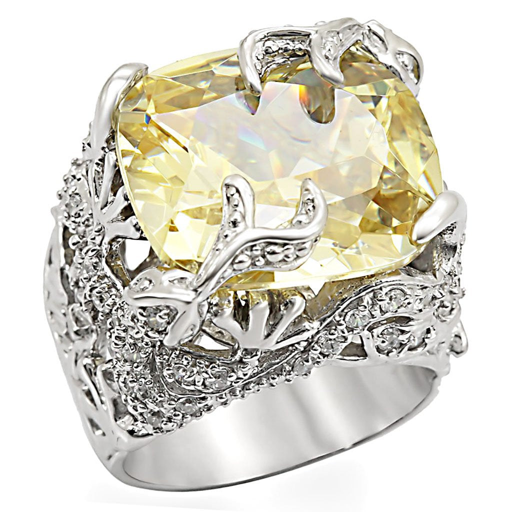 MALOS335 - Rhodium 925 Sterling Silver Ring with AAA Grade CZ in Citrine Yellow