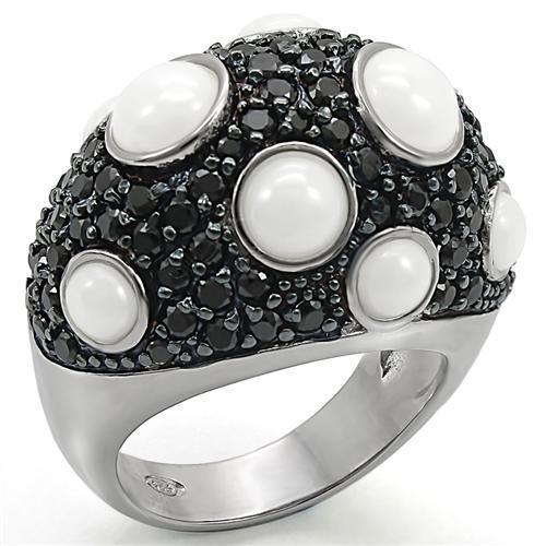 MALOS376 - Rhodium + Ruthenium 925 Sterling Silver Ring with Milky CZ in White