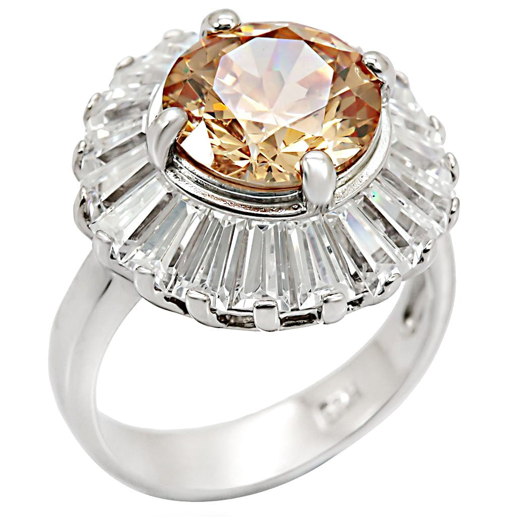 MALOS412 - Rhodium 925 Sterling Silver Ring with AAA Grade CZ in Champagne