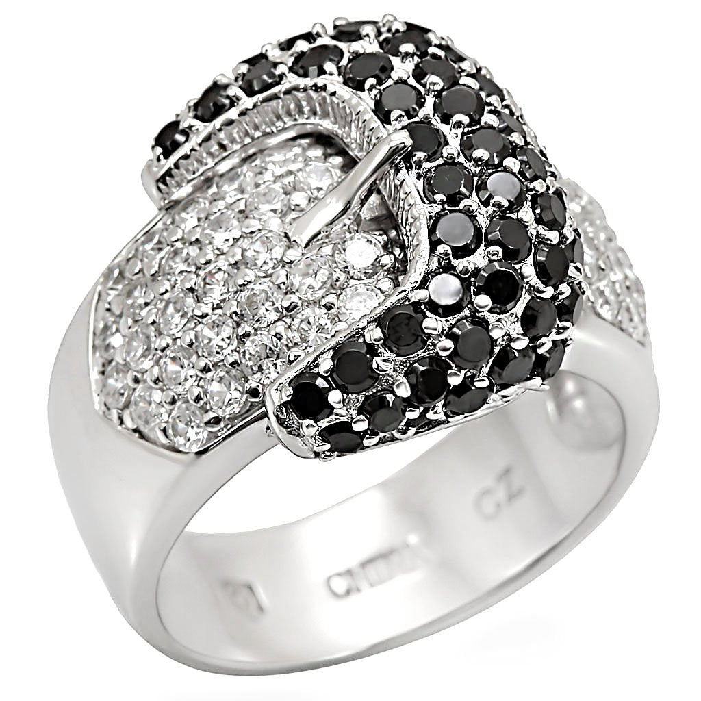 MALOS415 - Rhodium 925 Sterling Silver Ring with AAA Grade CZ in Black Diamond