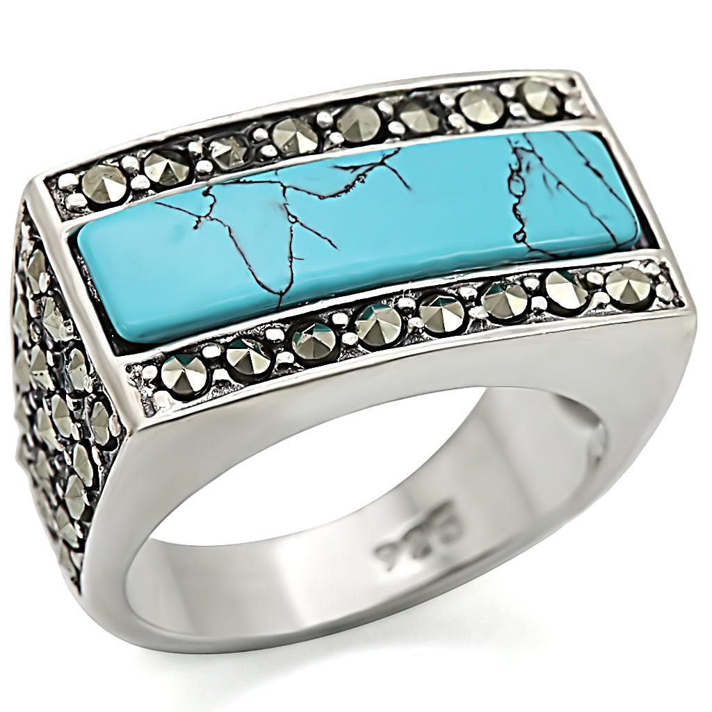 MALOS461 - Antique Tone 925 Sterling Silver Ring with Synthetic Turquoise in Sea Blue