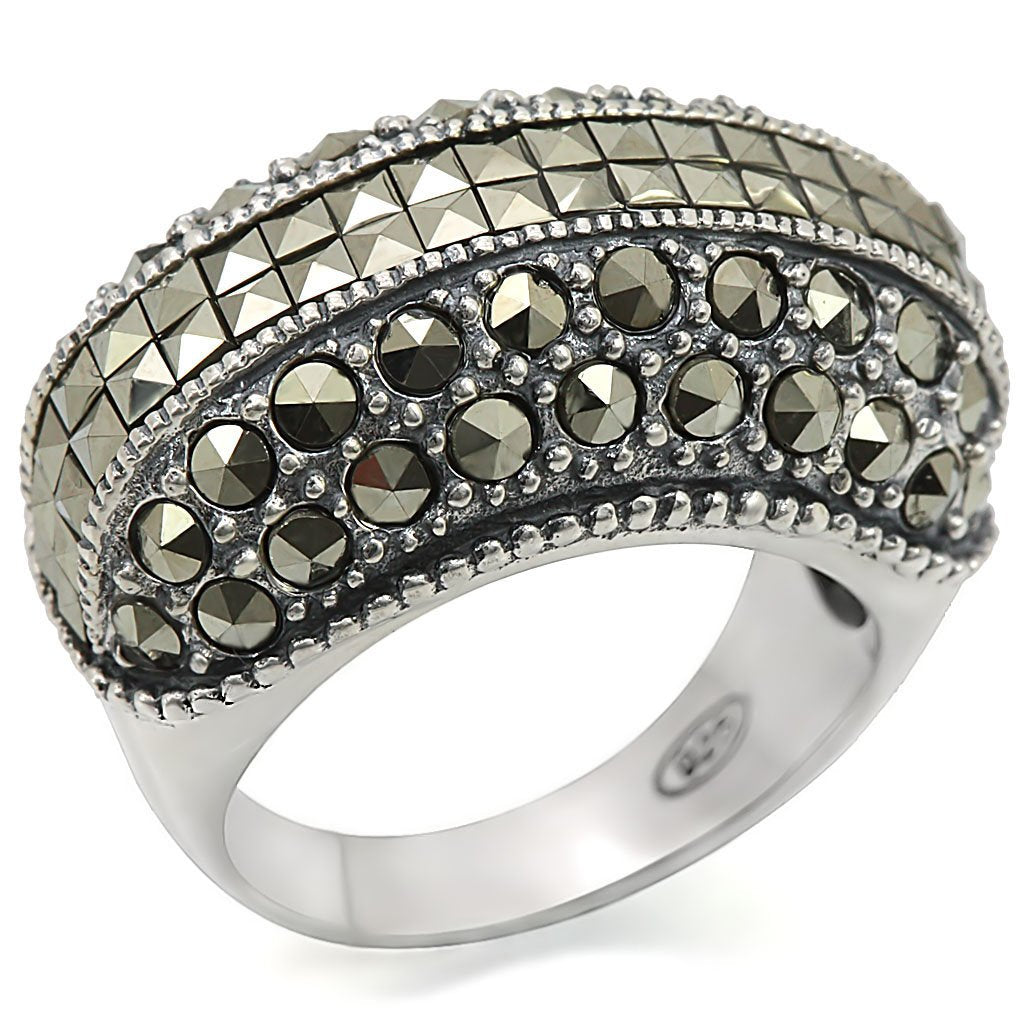 MALOS466 - Antique Tone 925 Sterling Silver Ring with Synthetic Marcasite in Black Diamond