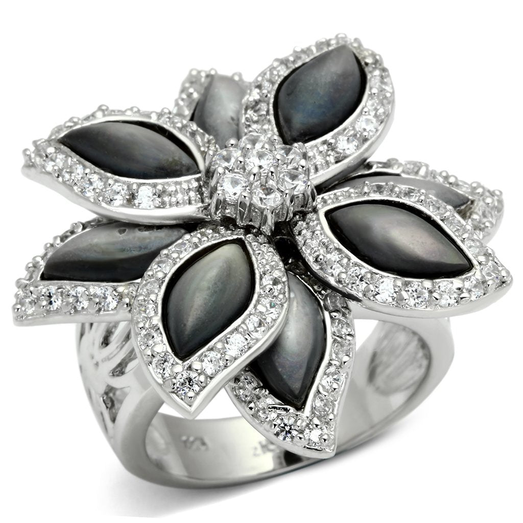 MALOS555 - Rhodium 925 Sterling Silver Ring with Precious Stone Conch in Jet